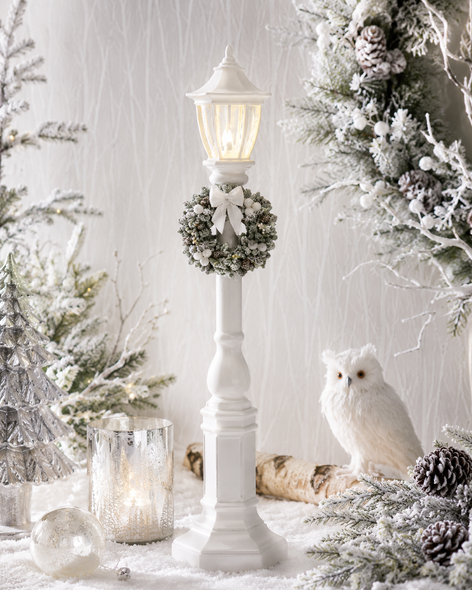 Raz 18" White Lighted Lamp Post with White Bow Wreath Christmas Decoration 4601609-2
