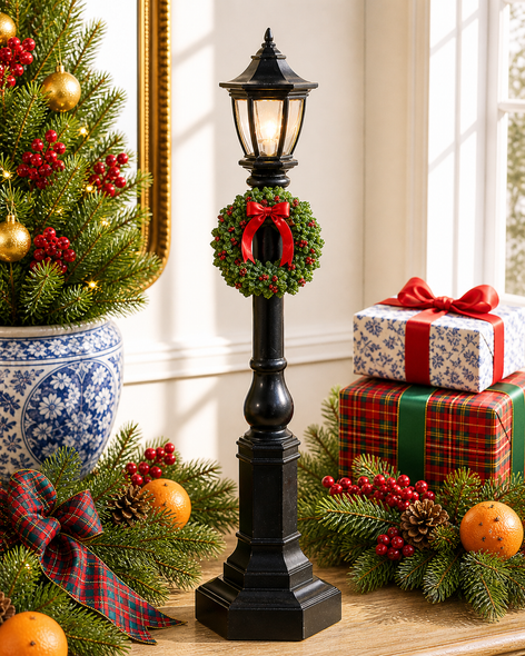 Raz 18" Black Lamp Post with Wreath Lighted Christmas Figure 4601610-2