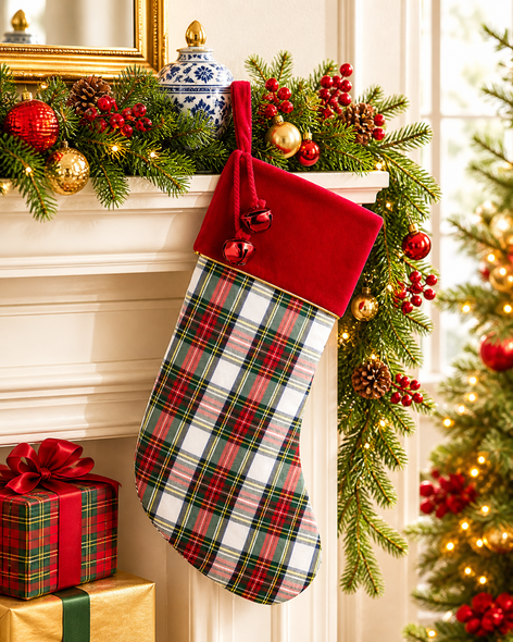 Raz 20" White Plaid with Bells Christmas Stocking 4604516-2
