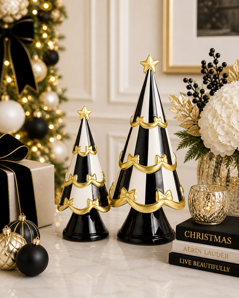 Raz 13" Black Stripe Bow Trimmed Tree Christmas Decoration 4611615-2