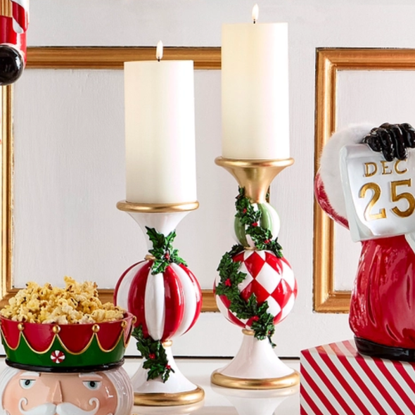 Raz 12" Set of 2 Holly Christmas Candle Holders 4611763