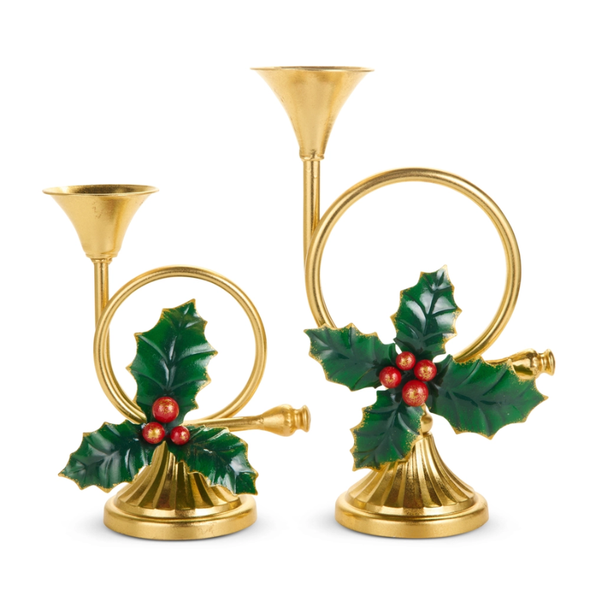 Raz 12" French Horn with Holly Christmas Candlestick Holder 4611786