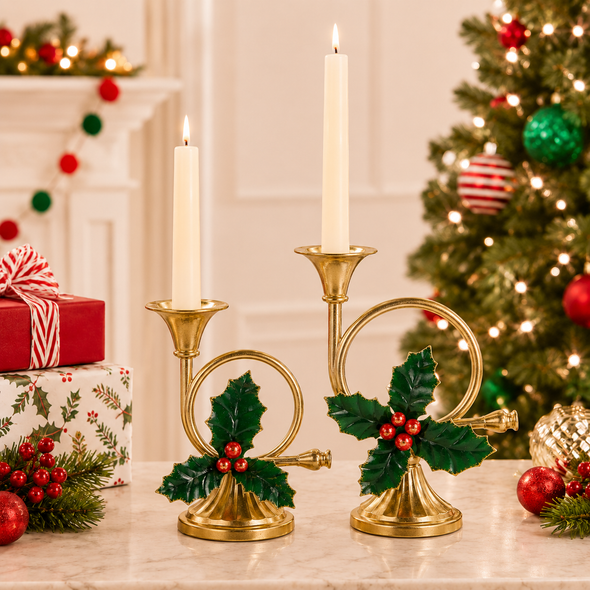 Raz 12" French Horn with Holly Christmas Candlestick Holder 4611786-2