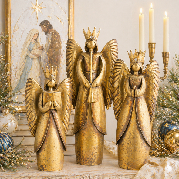 Raz 20.5" Weathered Gold Metal Angels with Crowns Christmas Decoration 4611797-2