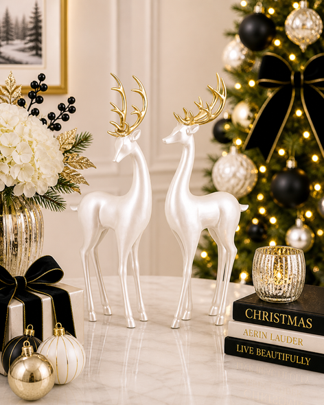 Raz 16.25" Pearl Deer Christmas Figures Set of 2 4612171-2