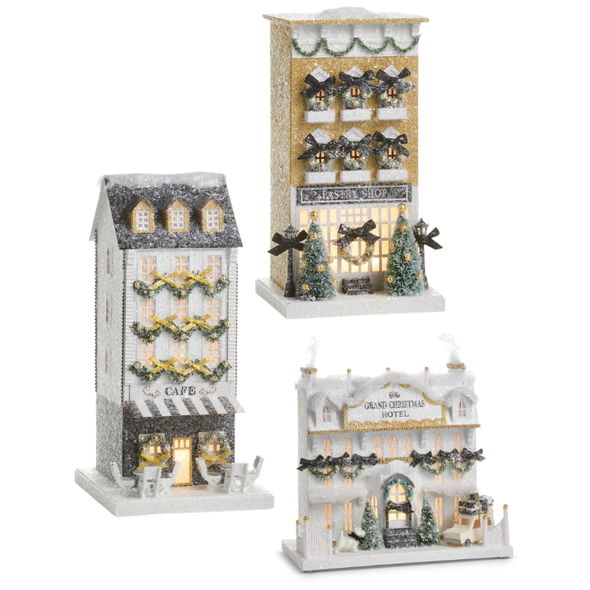 Raz Black, White, and Gold Lighted Paper Houses Christmas Decoration -2
