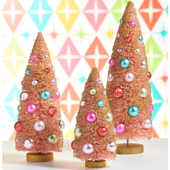 Raz 15" Pink Bottle Brush Trees with Gold Glitter Christmas Decoration 4616106