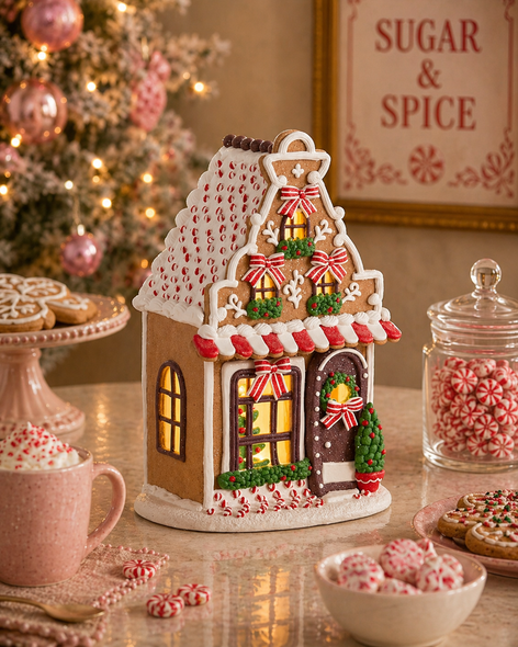 Raz 11.75" Chocolate and Peppermint Lighted Gingerbread House Christmas Decoration 4616393-2