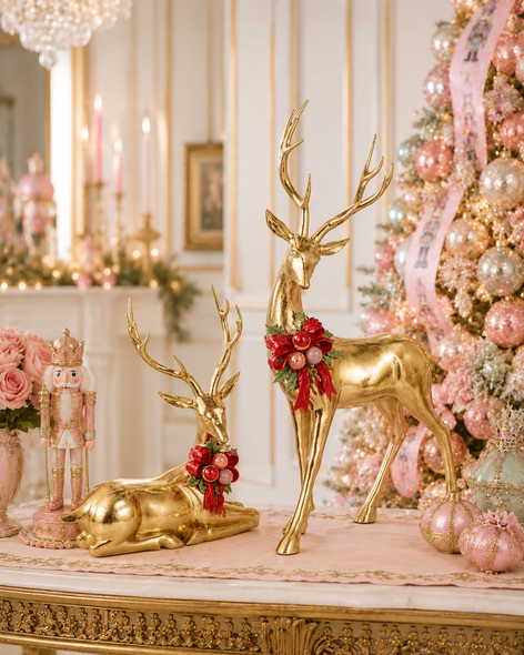 Raz 33.5" Set of 2 Large Gold Deer with Ornament Wreath Christmas Figures 4617761-2