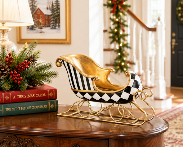 Raz 14.5" Black and White Checkered Sleigh Christmas Decoration 4617796-2