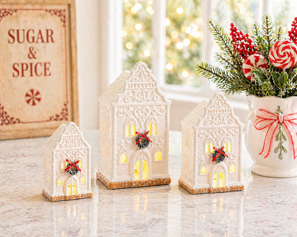 Raz 7.75" Lighted White Porcelain Christmas Houses Set of 3 4619100-2