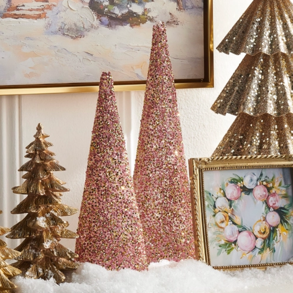 Raz 12" Lighted Beaded Pink Cone Trees Christmas Decoration 4623051