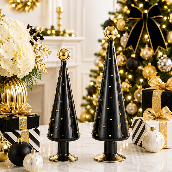Raz 16" Black and Gold Bead Cone Trees Christmas 4623129-2