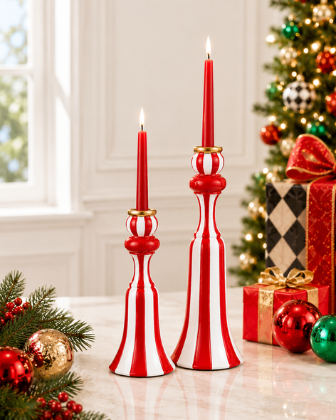 Raz 10" Red and White Candlesticks Christmas Candle Holder 4630532-2