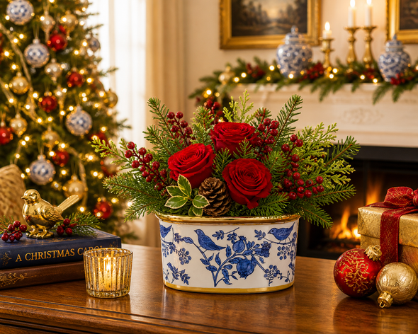 Raz 6" Blue Bird Delft Planter Christmas Home Decoration 4651093-2