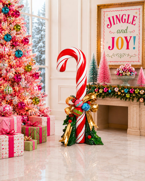 Raz 43" Large Candy Cane with Bow and Ornaments Christmas Decoration 4657623-2