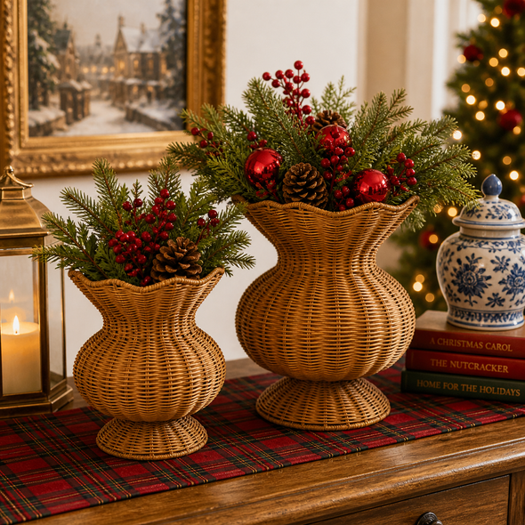 Raz 10.5" or 15.5" Scalloped Rattan Urn Christmas Decoration-6