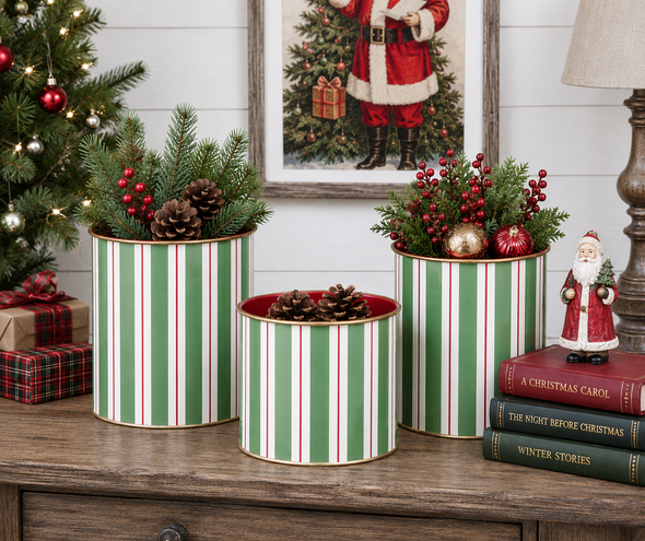 Raz 11" Set of 3 Yuletide Stripes Decorative Christmas Buckets 4659259-2