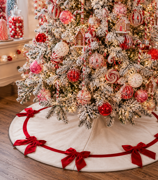 Raz 48.5" White Velvet Christmas Tree Skirt with Red Bows 4604512-2