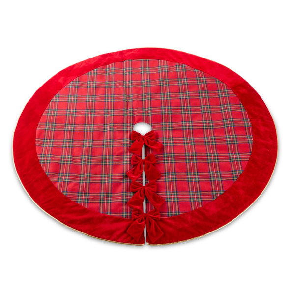 Raz 60.5" Plaid Christmas Tree Skirt with Red Velvet Bows 4604517-2