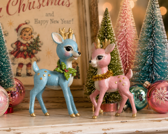 Raz 4.25" Set of 2 Blue and Pink Retro Deer Christmas Ornament 4607013-2
