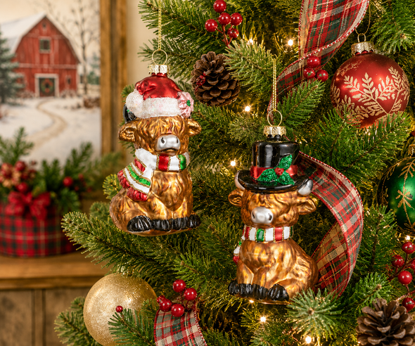 Raz 4" Set of 2 Highland Cow Glass Christmas Ornament 4612527-2