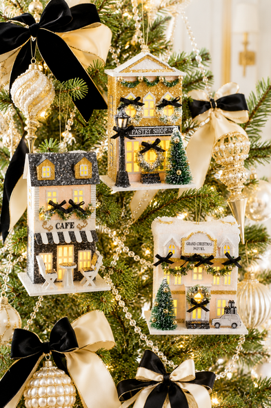 Raz Lighted Paper Black and White Cafe, Pastry Shop, or Hotel Christmas Ornament -6