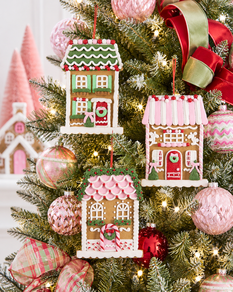 Raz 7" Set of 3 Gingerbread Patisserie Pink House Christmas Ornaments 4616426-2