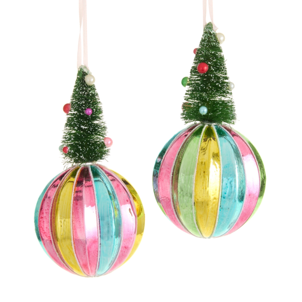 Raz 5.75" Set of 2 Tree Topped Striped Ball Glass Christmas Ornament 4622993