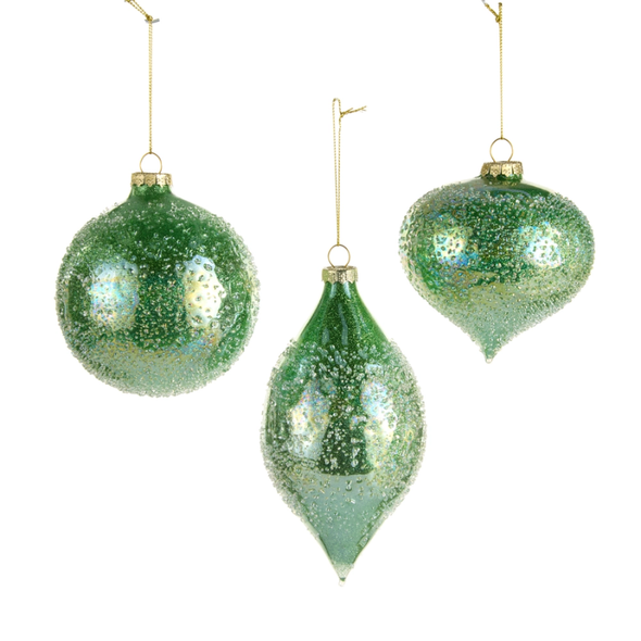Raz 4" Set of 3 Light Green Iced Glass Christmas Ornament 4623021