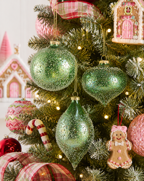 Raz 4" Set of 3 Light Green Iced Glass Christmas Ornament 4623021-2