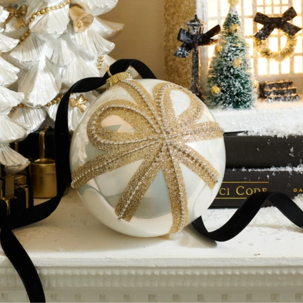 Raz 5" Gold Bow White Ball Glass Christmas Ornament 4623097