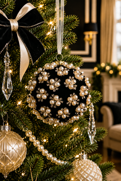 Raz 4" White Pearl Clustered On Black Ball Christmas Ornament 4624626-2
