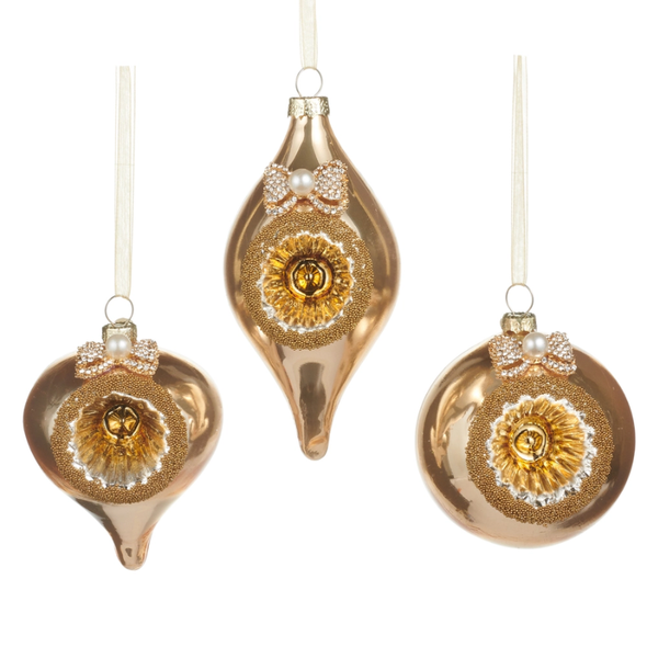 Raz 3" Set of 3 Gold Bow Reflector Glass Christmas Ornament 4624632