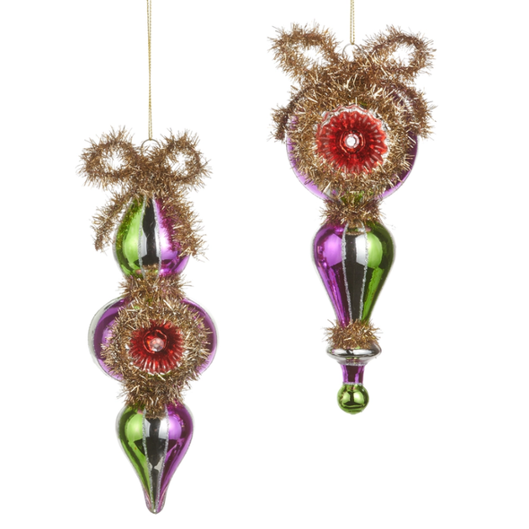 Raz 8" Set of 2 Tinsel Reflector Finial Glass Christmas Ornament 4624640