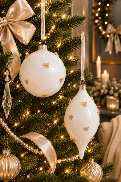 Raz 6" Set of 2 Gold Bow Embellished White Glass Christmas Ornament 4624652