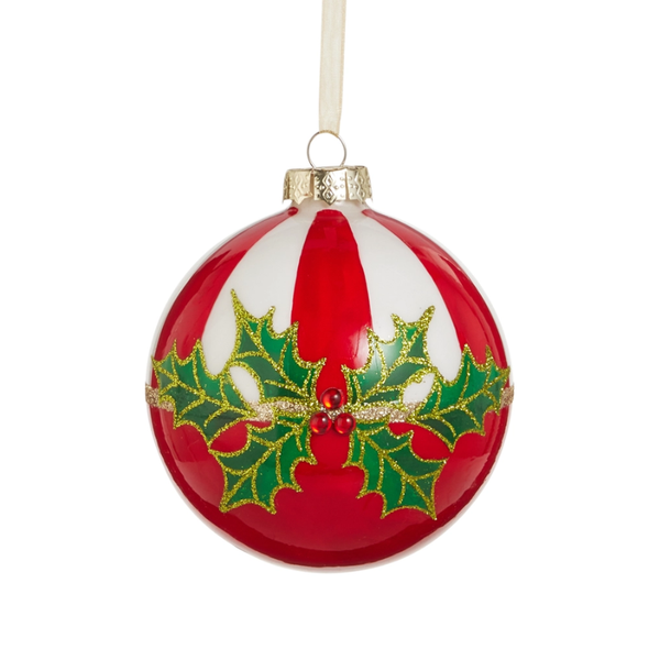 Raz 4" Stripe and Holly Red Ball Glass Christmas Ornament 4624657