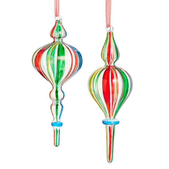 Raz 8.5" Set of 2 Circus Stripe Pattern Finial Glass Christmas Ornament 4624664