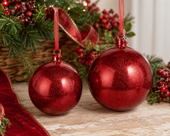 Raz 4" or 5" Red Glitter Ball Glass Christmas Ornament -4