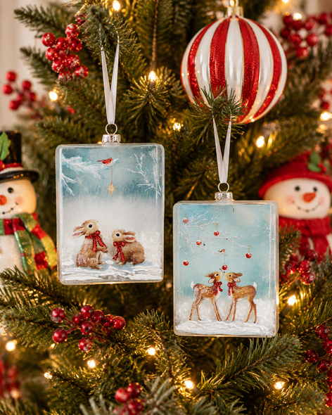 Raz 4.25" Set of 2 Winter Wonders Deer and Rabbit Rectangle Glass Christmas Ornament 4624809-2
