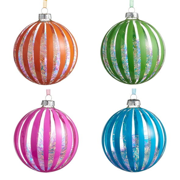 Raz 5" Set of 4 Neon Tinsel Filled Ball Glass Christmas Ornament 4624876