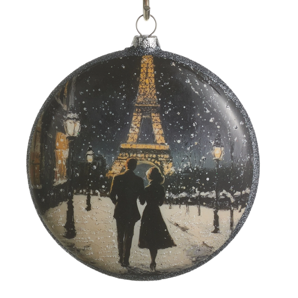 Raz 4.75" Winter Magic Eiffel Tower Disc Glass Christmas Ornament 4624910