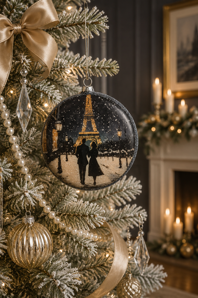 Raz 4.75" Winter Magic Eiffel Tower Disc Glass Christmas Ornament 4624910-2