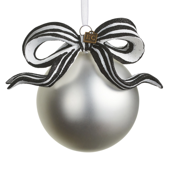Raz Eric Cortina 5.5" Black and White Stripe Ribbon Ball Glass Christmas Ornament 4624919