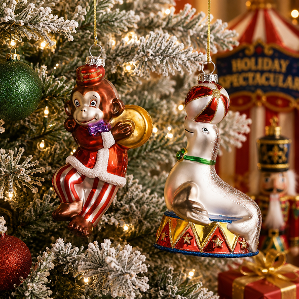 Raz 5.5" Circus Monkey and Seal Character Glass Christmas Ornament 4625004-2