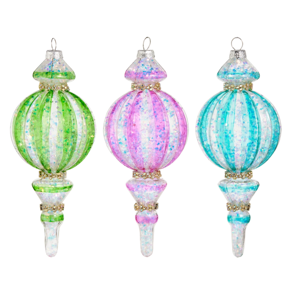 Raz 7.5" Set of 3 Bright Stripe Finial Glass Christmas Ornament 4625033