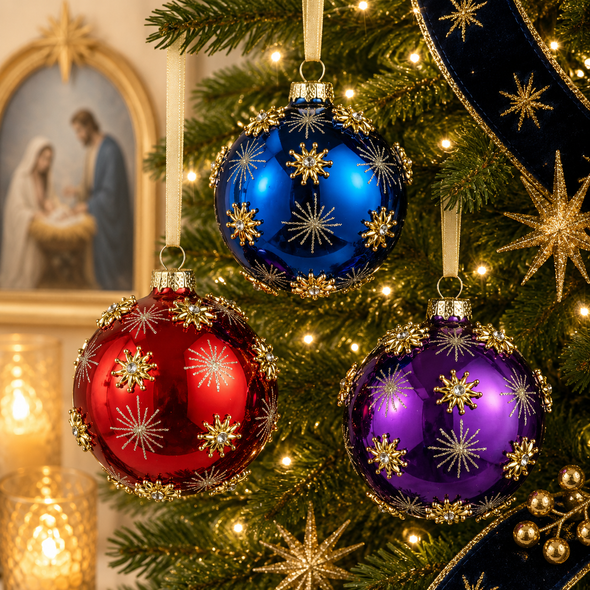Raz 4" Set of 3 Gold Snowflake Blue, Red and Purple Ball Glass Christmas Ornament 4625060-2