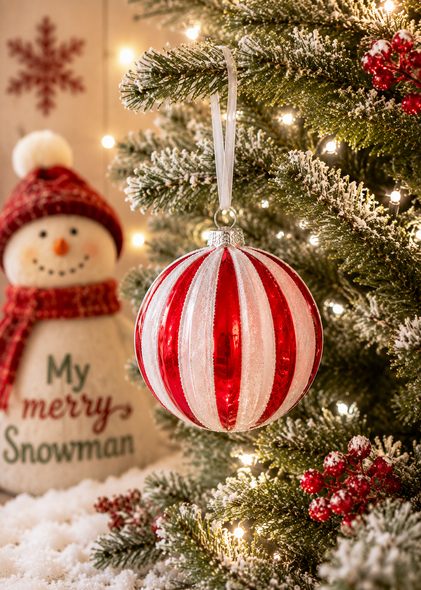 Raz 4" Red and White Stripe Ball Glass Christmas Ornament 4625066 -2