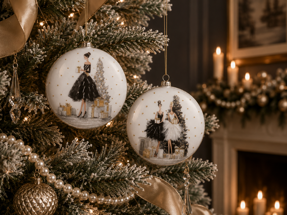 4.75" Set of 2 Moonlit Gala Ladies In Dresses Disc Glass Christmas Ornament 4625277 -2