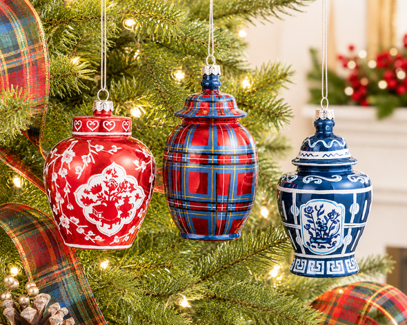 Raz 5" Set of 3 Dressed in Plaid Chinoiserie Glass Ginger Jar Christmas Ornament 4652914-2